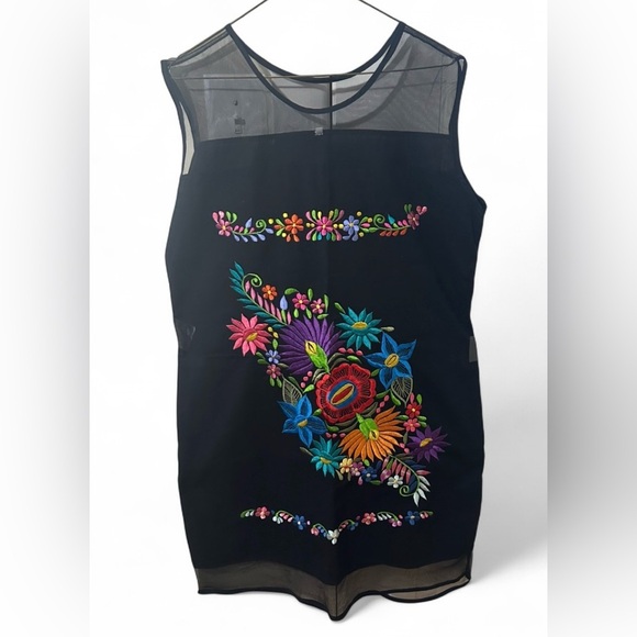 Unbranded Dresses & Skirts - ARTISAN Multi-Color Floral Embroidered Mexican Dress Black Mesh Boho Tunic